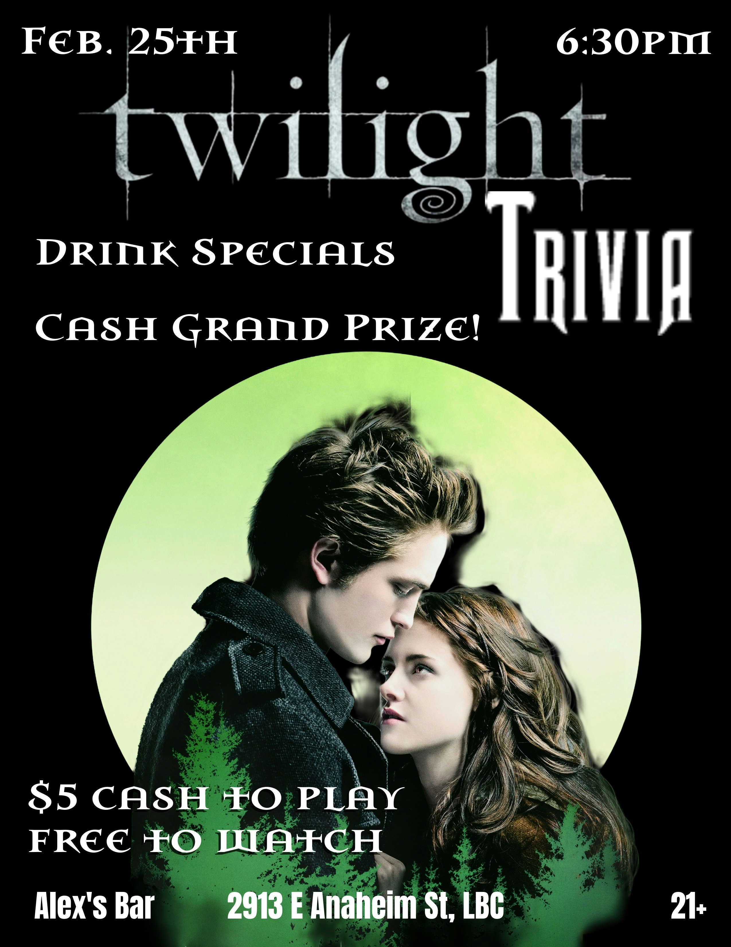 Twilight Saga Trivia Tickets | Free | 25 Feb @ Alex's Bar, Long
