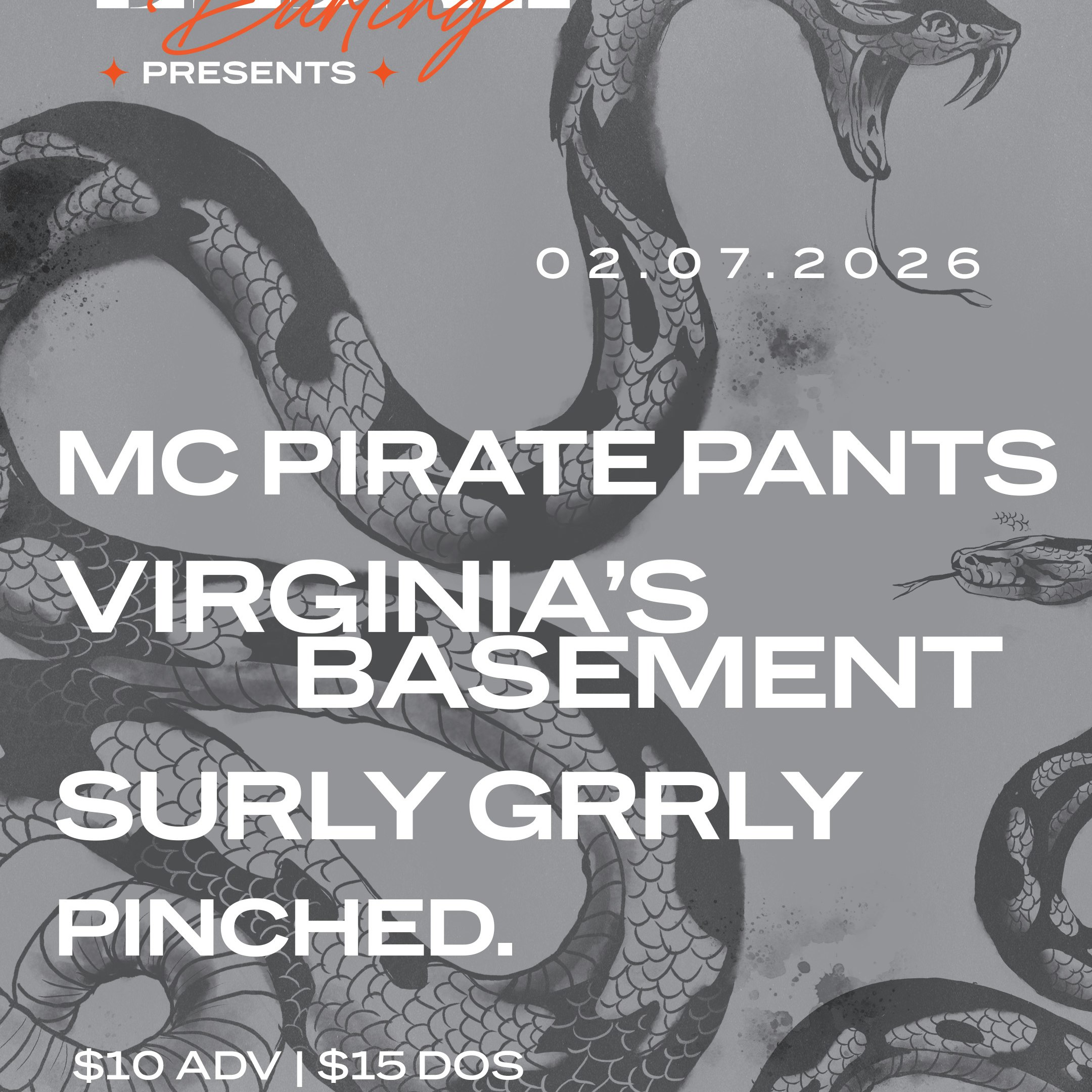 Photo of MC PIRATE PANTS, Virginia's Basement, SURLY GRRLY, & Pinched.