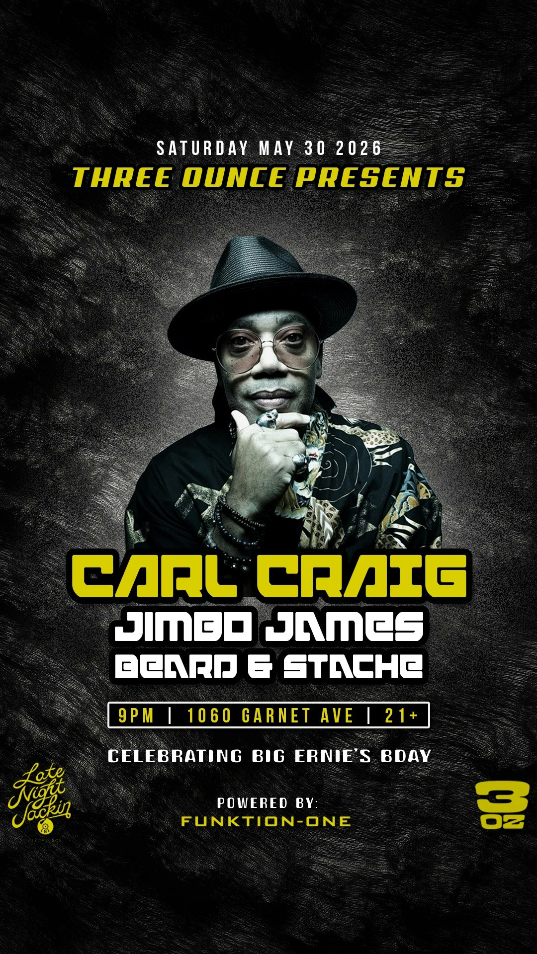 Carl Craig, Jimbo James, Beard & Stache Tickets | $24.72 | 30 May