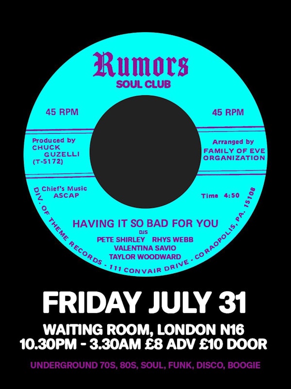 Rumours Soul Club w/ Rhys Webb, Pete Shirley, Taylor Woodward, Valentina Savio