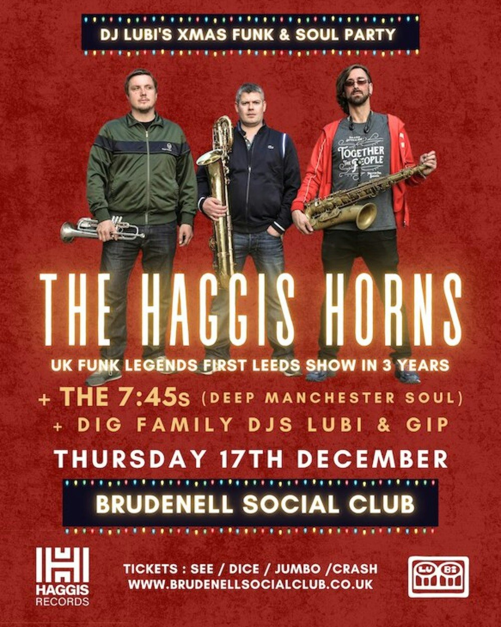 The Haggis Horns + The 7:45s + DIG Family DJs at Brudenell Social Club, Leeds