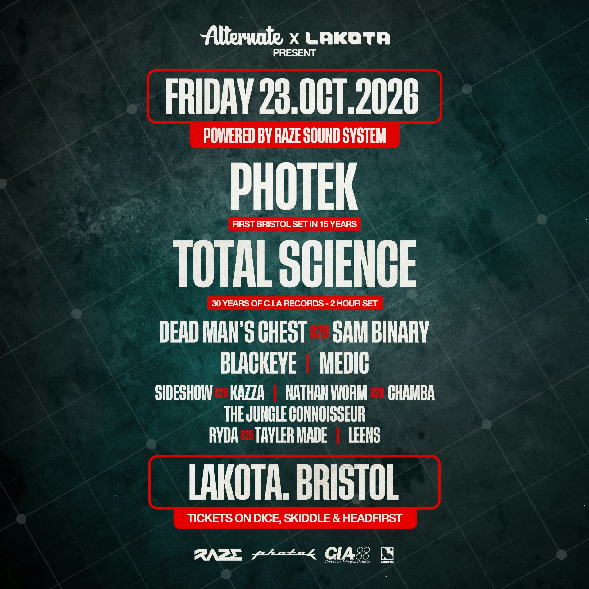 Alternate Presents Photek & Total Science at Lakota, Bristol