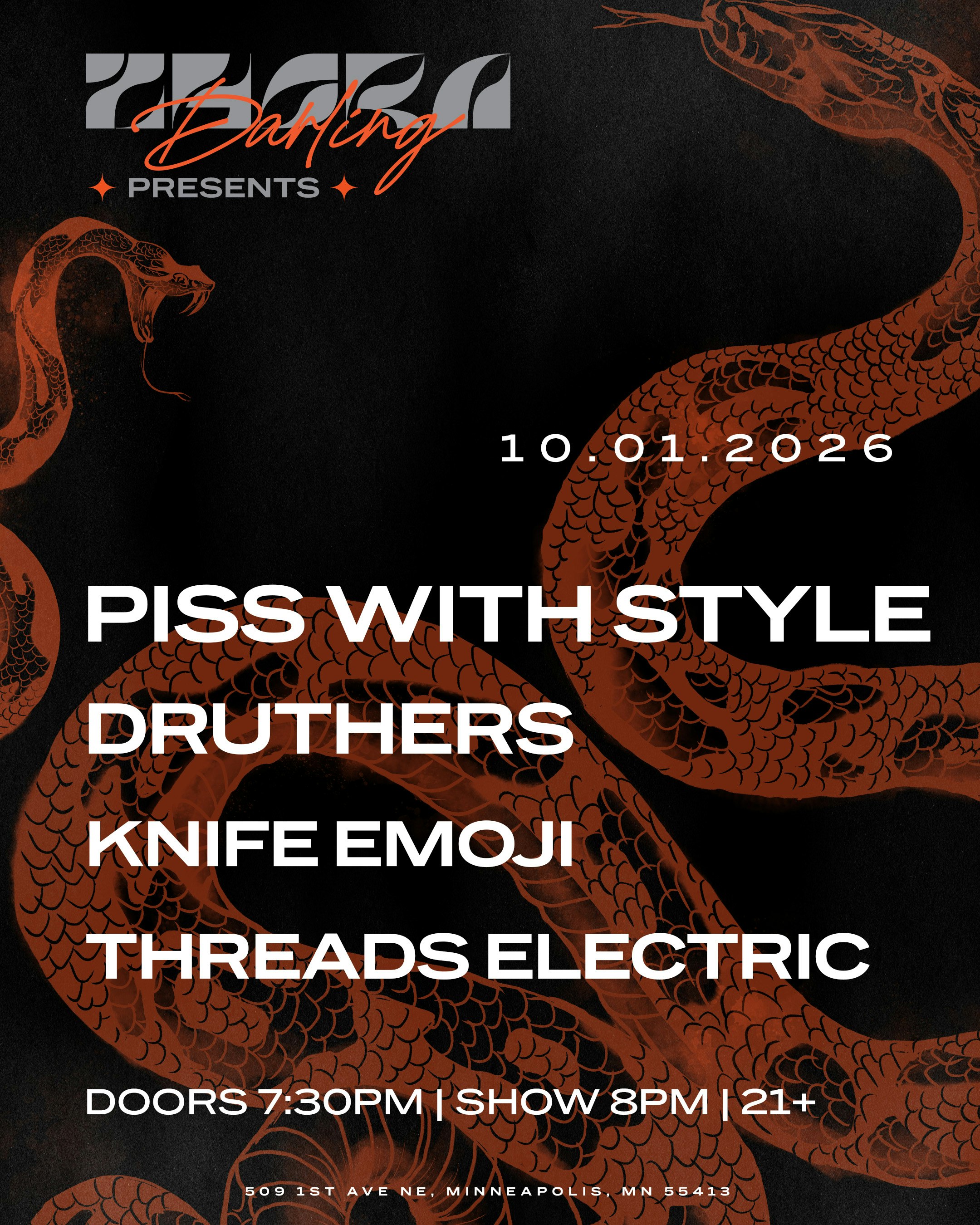 Piss With Style, Druthers, Knife Emoji, Threads Electric flyer