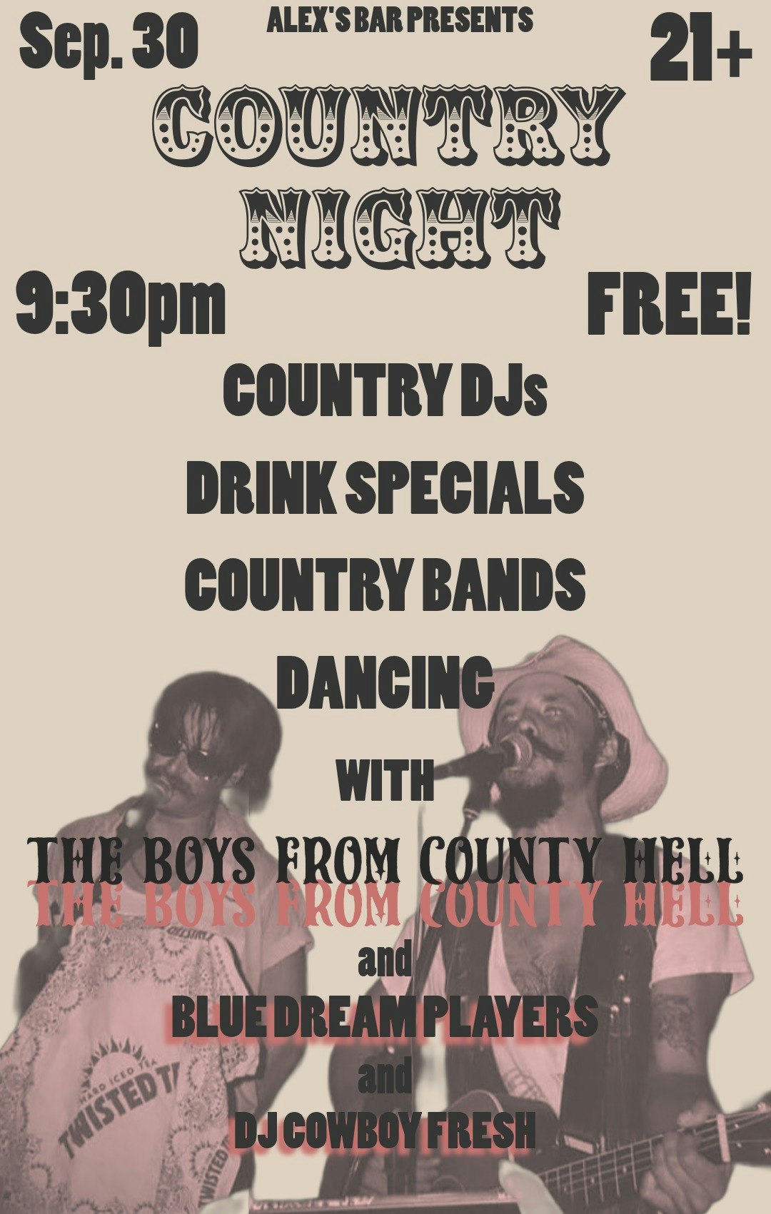 Country Night! Country Music, Dancing and Drinks! at Alex's Bar in Los Angeles, CA