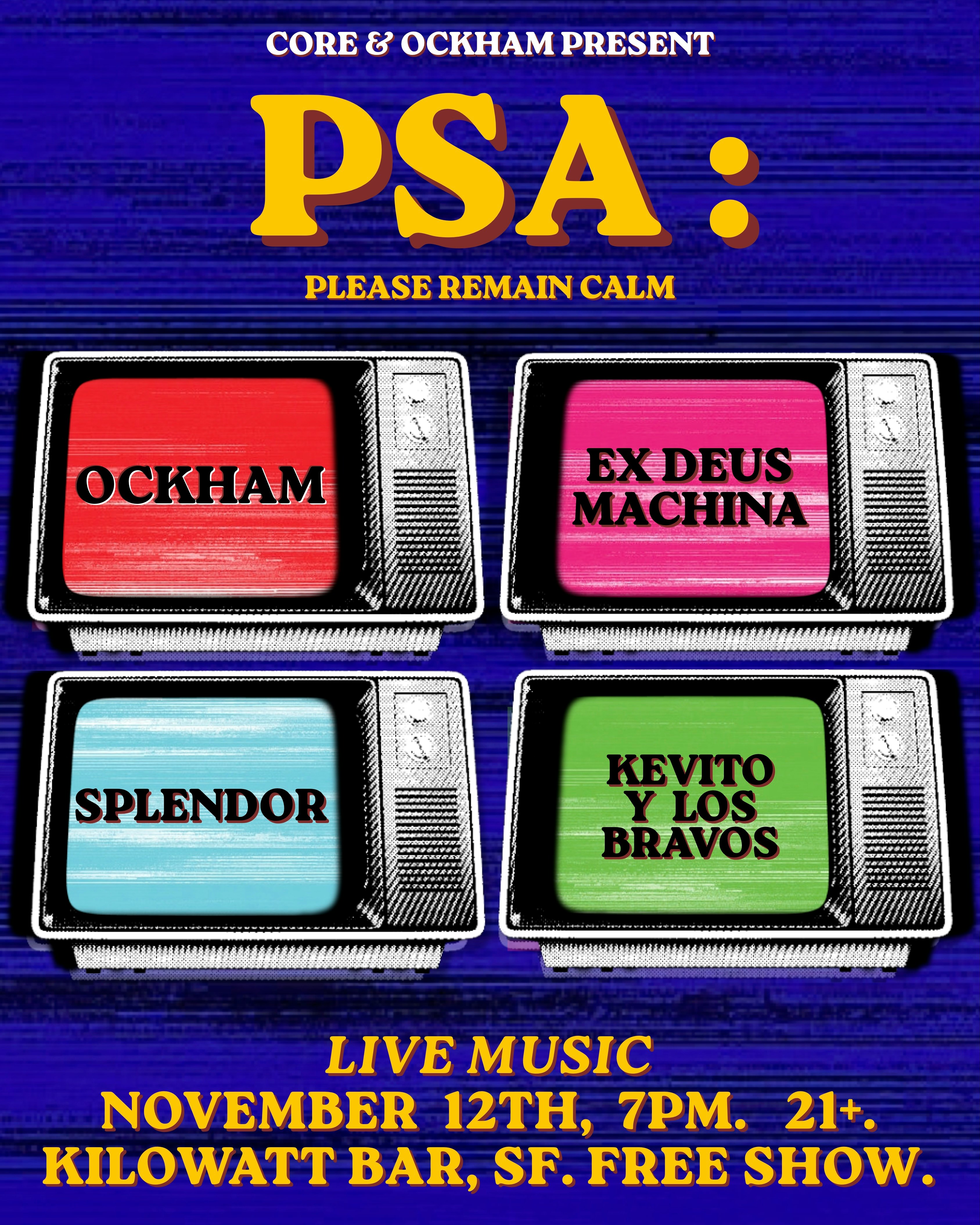 Official event artwork for Ockham, Ex Deus Machina, Splendor and Kevito Y Los Bravos
