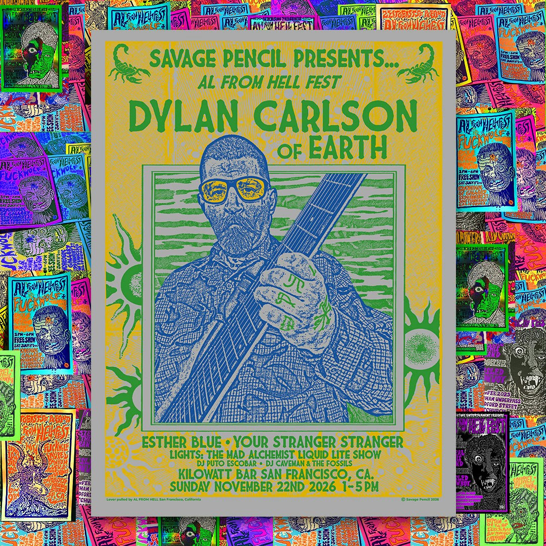 Official event artwork for AL From Hell Fest w/ Dylan Carlson of Earth, Esther Blue, DJ Puto Escobar and DJ Caveman & The Fossils